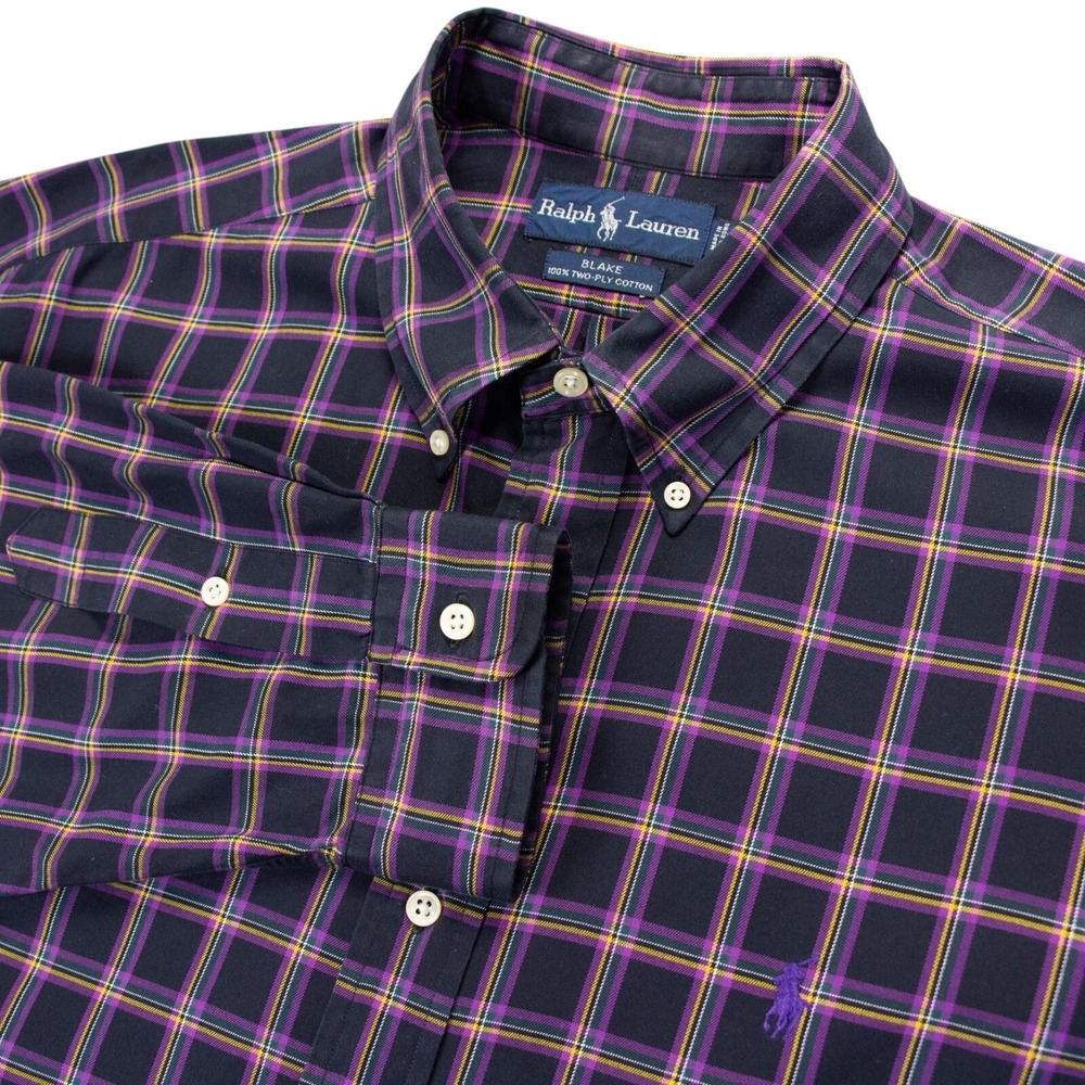 VTG Polo Ralph Lauren Blake Mens XL Black Purple‎ Plaid LS Button Front Shirt